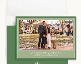 Classic Green Christmas Photo Card: Personalized 5x7 Horizontal Layout, Simple Border