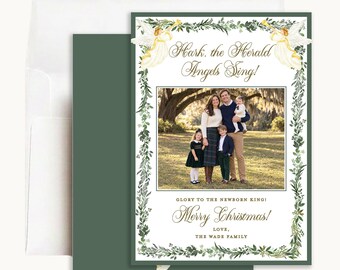 Hark the Herald Angels Sing Christmas Photo Card: Personalized 5x7 Religious Greenery Design