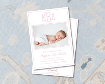 Personalized Baby Birth Announcement /  Monogram Pink Photo Card / Printable Birth Card/ Birth / Girl / Invitation / Preppy / Photo