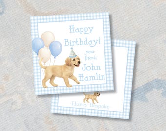 Boy Puppy Birthday Gift Tags | Labrador Present Stickers | Blue Gingham