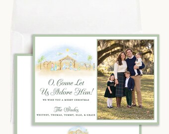 Sage Nativity Christmas Photo Card: Personalized 5x7 O Come Let Us Adore Him