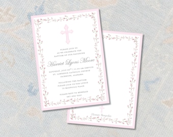 Girl Baptism Invitation | Watercolor Cross | Pink Floral Border | Baby Dedication Invite