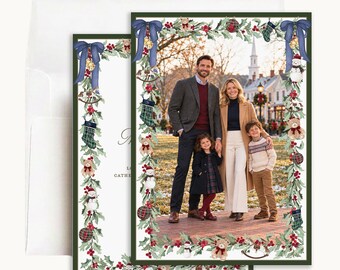 Holly and Teddy Bear Christmas Photo Card: Personalized 5x7 Vertical Garland Border