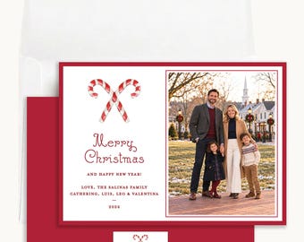 Candy Cane Christmas Photo Card: Personalized 5x7 Red and White Design
