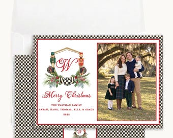 Nutcracker Monogram Christmas Photo Card: Personalized 5x7 Crest in Red and Green