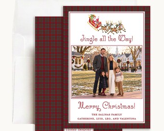 Santa Sleigh Christmas Photo Card: Personalized 5x7 Red Plaid Jingle All the Way