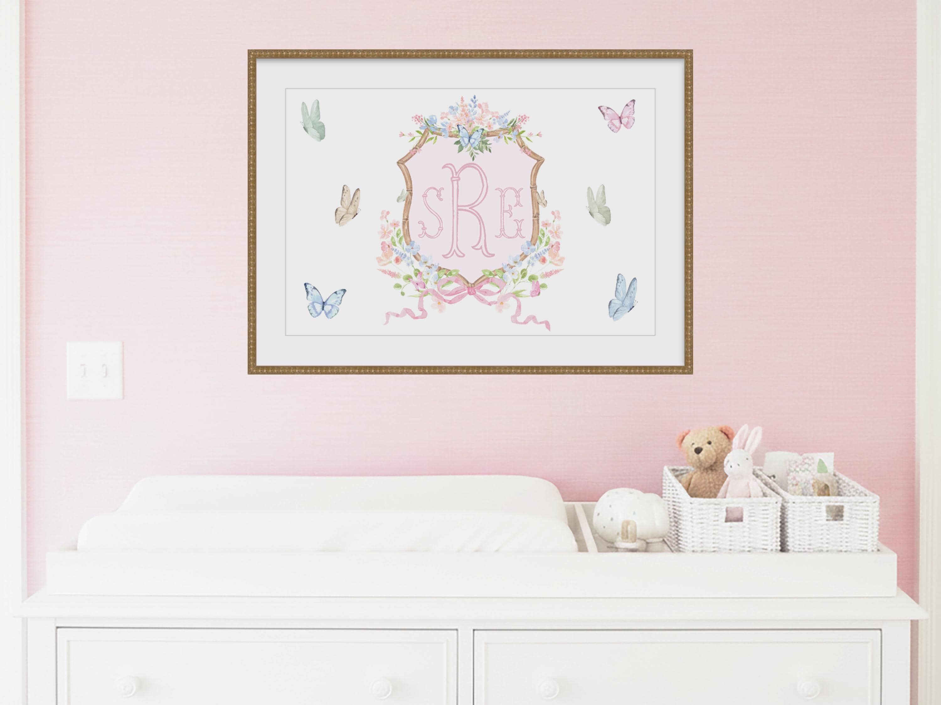 Personalized Watercolor Baby Crest | Butterfly Nursery Monogram Print ...