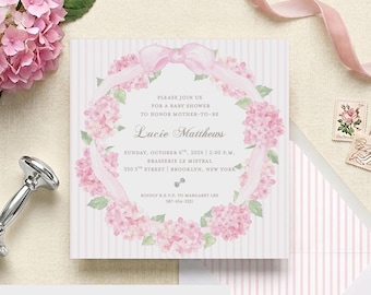 Pink Floral Baby Shower Invitation Watercolor | Grandmillennial Baby Shower | Preppy Invitation | Christening | Dedication | Baby Girl