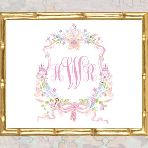 Personalized Watercolor Crest Monogram Baby Art Print / Nursery Art / Girl Art Print / Girl Nursery / Girl Crest / Baby Shower Gift image 1