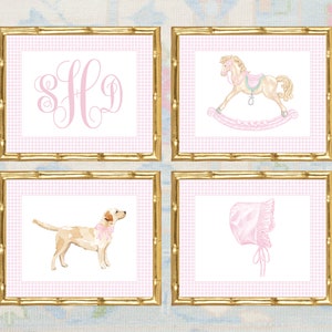 Watercolor Nursery Art Print / Nursery Art / Girl Art Print / Bow Theme Nursery / Dog Theme Nursery / Baby Shower Gift / Bonnet / Labrador