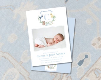 Watercolor Crest Baby Birth Announcement / Gingham / Classic / Birth / Blue /Newborn / Girl / Boy / Invitation / Watercolor / Preppy / Photo