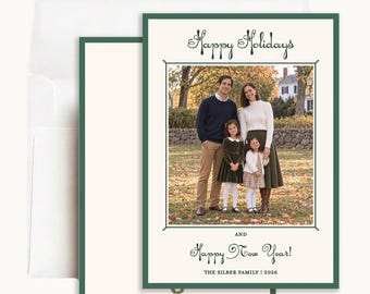Happy Holidays Photo Card: Personalized 5x7 Green Script Border, New Year Greeting