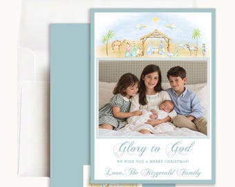 Glory to God Nativity Christmas Photo Card: Personalized 5x7 Religious Watercolor Design