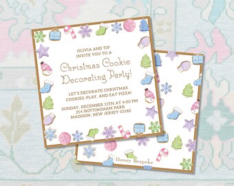 May include: Two Christmas cookie decorating party invitations with a brown border. The invitations feature colorful cookie illustrations, including gingerbread men, snowflakes, and candy canes. The text on the invitation reads "Christmas Cookie Decorating Party!"