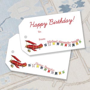 Watercolor Airplane Birthday Tags | Red Personalized Plane Party Tag image 1