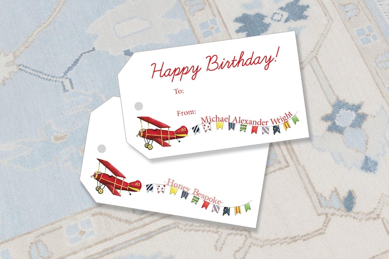 Watercolor Airplane Birthday Tags | Red Personalized Plane Party Tag image 1