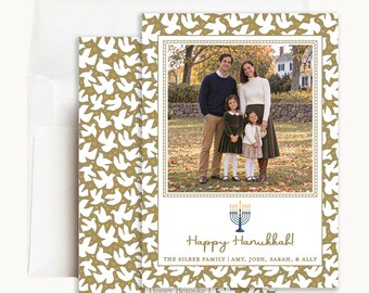 Gold Dove Hanukkah Photo Card: Personalized 5x7 Blue Menorah Design