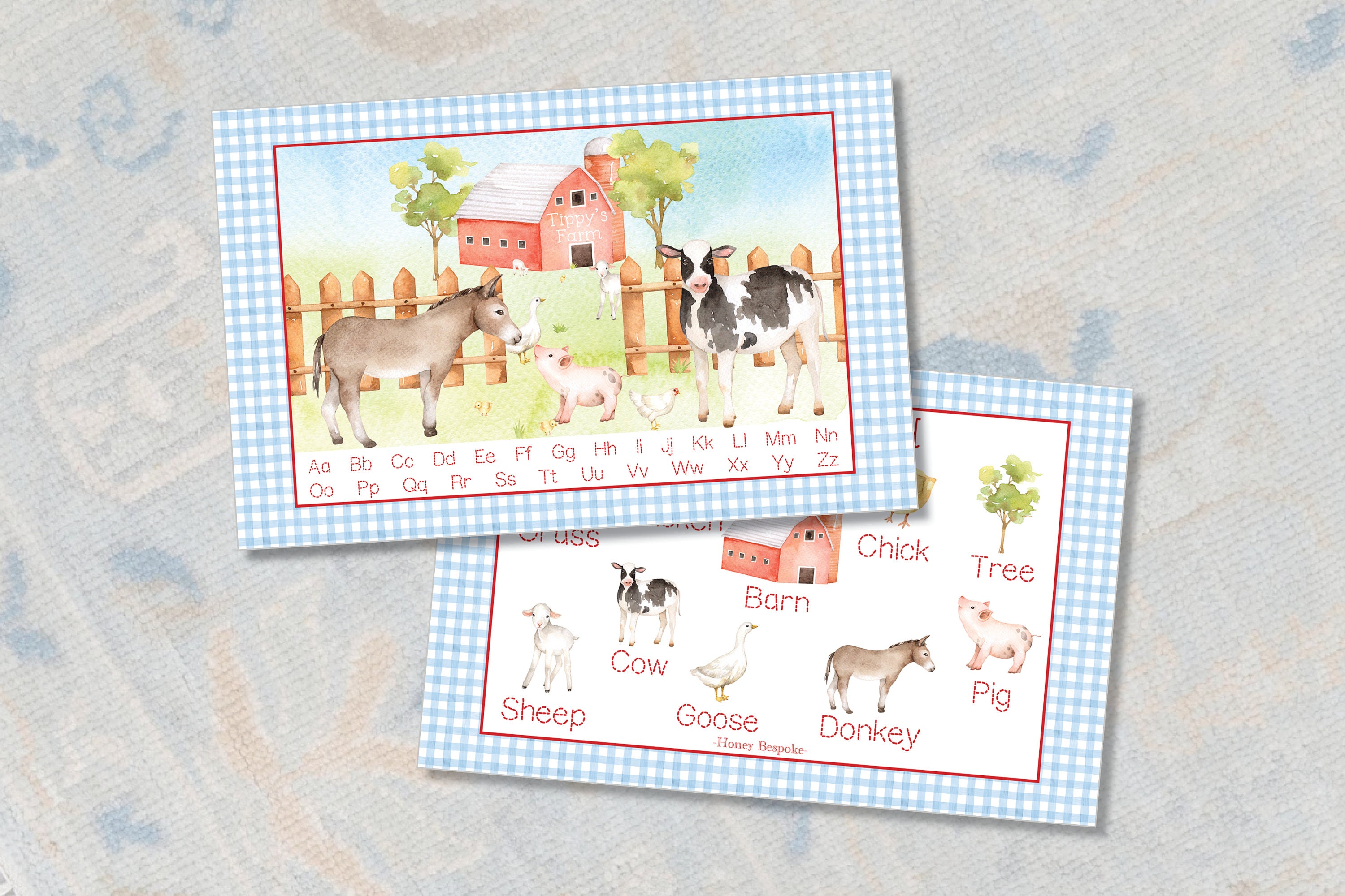 Laminated Personalized Farm Placemat / Watercolor Farm Animals Placemat