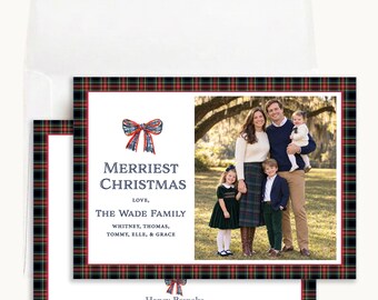 Tartan Bow Christmas Photo Card: Personalized 5x7 Red and Green Plaid Border