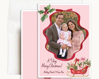 Pink Sleigh Christmas Photo Card: Personalized 5x7 Scalloped Holly Frame