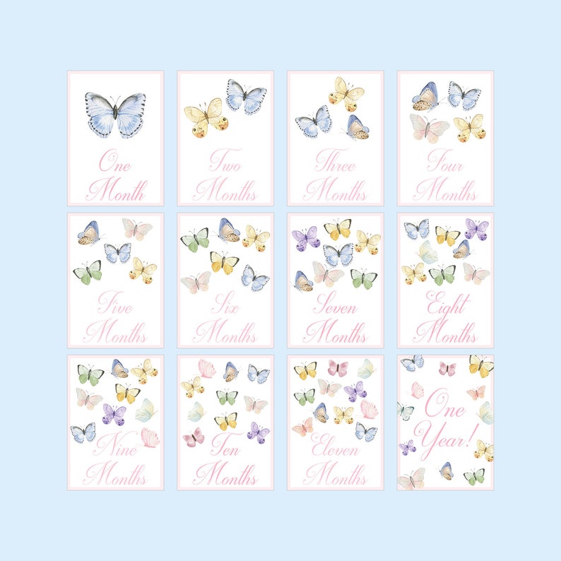 Girl Milestone Cards / Baby Month Photo Cards / Watercolor Butterflies / Baby Milestone Cards / Classic / Preppy Girl / Baby Shower / Month image 2