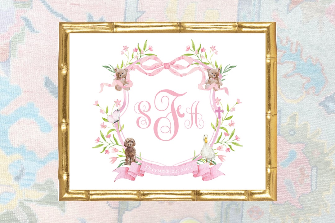 Custom Watercolor Baby Girl Nursery Crest | Grandmillennial Monogram ...