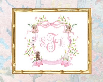 Custom Watercolor Baby Girl Nursery Crest | Grandmillennial Monogram Print | Elegant Nursery Wall Art