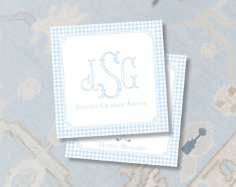 Blue Gingham Monogram Calling Cards | Personalized Boys Gift Tag Stickers