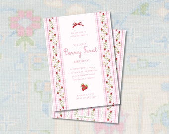 Berry First Birthday Invitation / Preppy Berry First Strawberry Invitation/ Grandmillennial Berry First Birthday / Southern Baby Girl Party