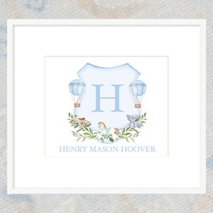 Watercolor Crest Monogram Baby Art Print / Nursery Art / Boy Art Print / Boy Nursery / Hot Air Balloon / Baby Shower / Baby Shower Gift