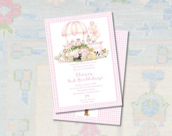 May include: Pink and white gingham invitation with a watercolor illustration of a pink and white ice cream stand with dogs. The text reads "Come on over, pups, and party! Please join us to celebrate...Cloe's 3rd Birthday!"  Saturday, May 14, 2023 at 2:00 in the afternoon. 123 Happy Street, Anytown, USA.