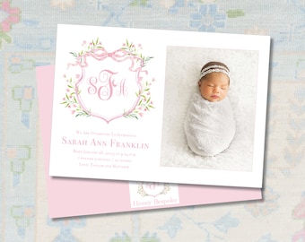 Custom Baby Birth Announcement / Watercolor Crest Photo Card / Classic / Girl / Invitation / Watercolor / Preppy / Photo