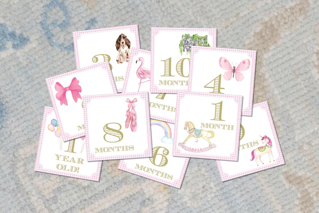 Pink Baby Girl Milestone Cards | Preppy Gingham Monthly Photo Card - Etsy