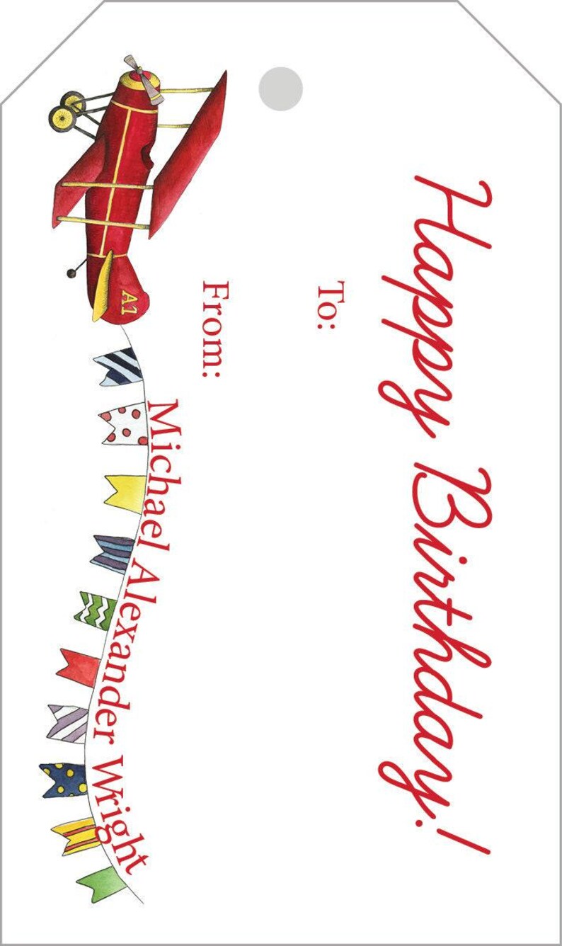 Watercolor Airplane Birthday Tags | Red Personalized Plane Party Tag image 3