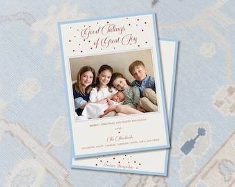 May include: Christmas card with a family photo. The card has a light blue border and features the text "Good Tidings of Great Joy" and "Merry Christmas and Happy Holidays!" with the family name and "Honey Bespoke".