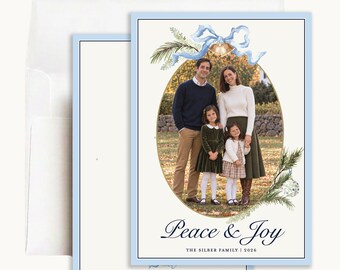 Peace and Joy Christmas Photo Card: Personalized 5x7 Blue Bow Oval Frame with Greenery