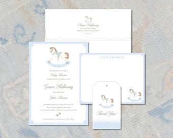 Rocking Horse Baby Shower Invitation | Preppy Boy | Watercolor Invite