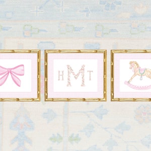 Girl Nursery Wall Art / Nursery Art / Girl Art Print / Girl Nursery / Pink Bow / Baby Shower Gift / Gingham / Rocking Horse