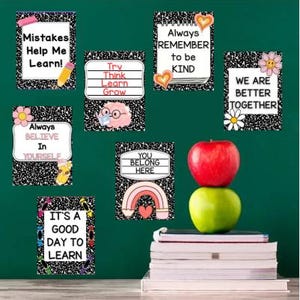 Retro Composition Notebook Classroom Posters | Motivational Wall Decor for Back to School | Growth Mindset Bulletin Board