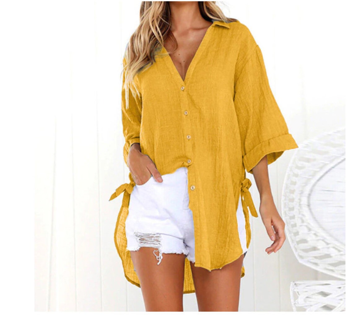 Women Yellow Blouse Loose Cotton Linen Buttons Lapel Solid Etsy