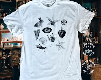 Vintage Trinkets Graphic Tee: Whimsical Navy Print, Antique Charm
