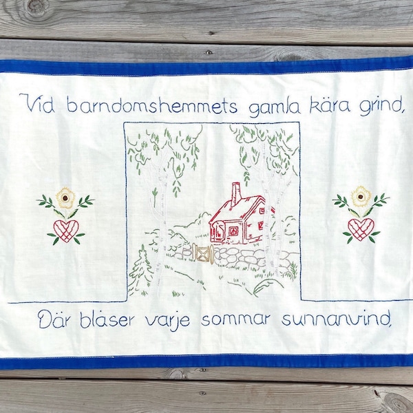 Tenture Murale Suédoise Ancienne En Laine Tissée - 85x39 Cm - Occasion (motif Floral)