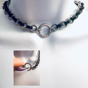 BLACK & SILVER Chainmail Choker Necklace with Spring-Locking O-Ring and Black Accent Rings Handmade Stainless Steel