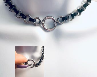 BLACK & SILVER Chainmail Choker Necklace with Spring-Locking O-Ring and Black Accent Rings Handmade Stainless Steel