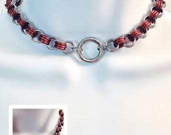 RED & SILVER Chainmail Choker Necklace with Spring-Locking O-Ring and Red Accent Rings Handmade Stainless Steel