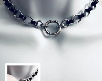 BLACK Chainmail Spring Locking O-Ring Choker 16” or 18” Stainless Steel Oval Rings with Black Round Accent Rings Handmade Necklace