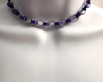 PURPLE CHOKER Handmade Oval Stainless Steel Chainmail Choker Necklace with Purple Accent Rings