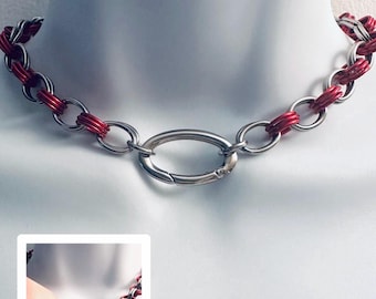 RED & SILVER Chainmail Choker Necklace with Oval Rings, front Oval Spring-Locking O-Ring and Red Accent Rings Handmade 16” Stainless Steel