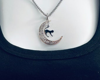 KITTY CAT Silver Crescent Moon Pendant with dangling Stainless Steel Arched-Back Cat Laser Cut Charm on a Stainless Steel Box Chain Necklace