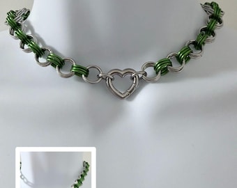 GREEN Chainmail Choker Necklace with Heart Shaped Spring-Locking O-Ring and Bright Green Accent Rings Handmade Stainless Steel Day Collar
